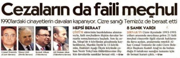 Cizre JİTEM davasında bütün sanıklara beraat